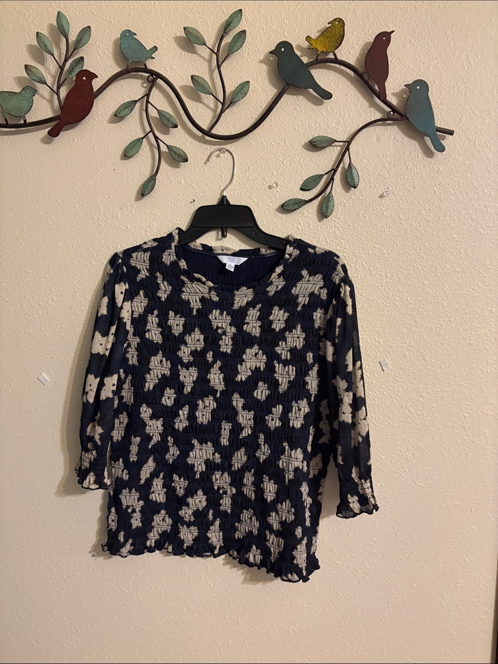Women’s Navy and Cream Patterned Long Sleeve Top